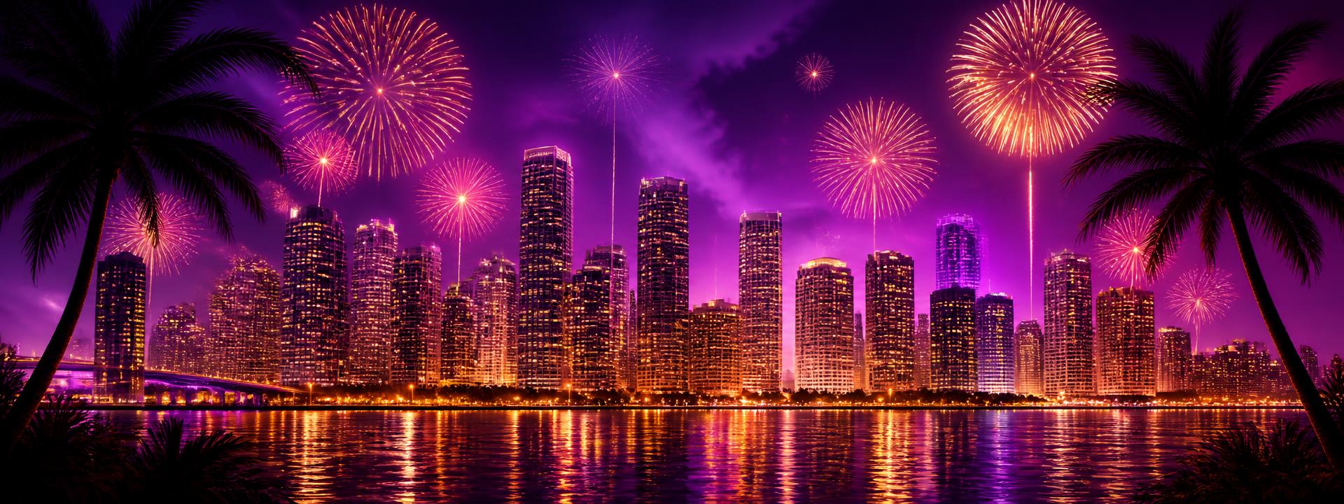 Miami skyline bij nacht met vuurwerk boven het water